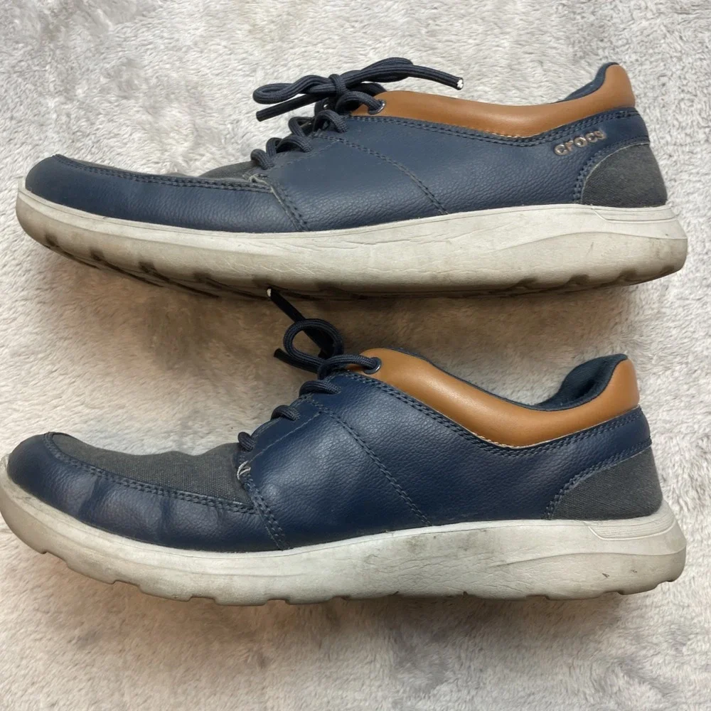 Crocs Mens Kinsale Canvas Sneakers Shoes Sz 11 Navy Tan Nautical Preppy Lace Up